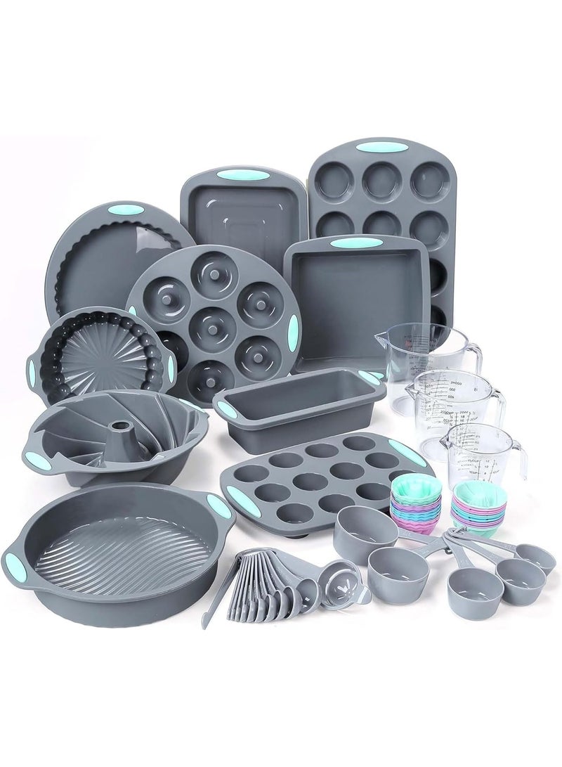 Bukela 54 Pieces Silicone Baking Pans Set, 10 Silicone Cake Molds, Loaf Pan and Muffin Pans, Non-Stick Baking Cup, with Measuring Cups and Spoons Set, Grey - Image 1